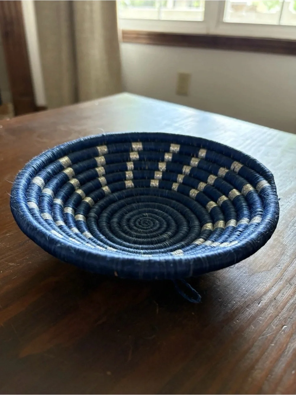 Handwoven Blue Coiled Decorative Bowl Boho-Chic, coastal blue